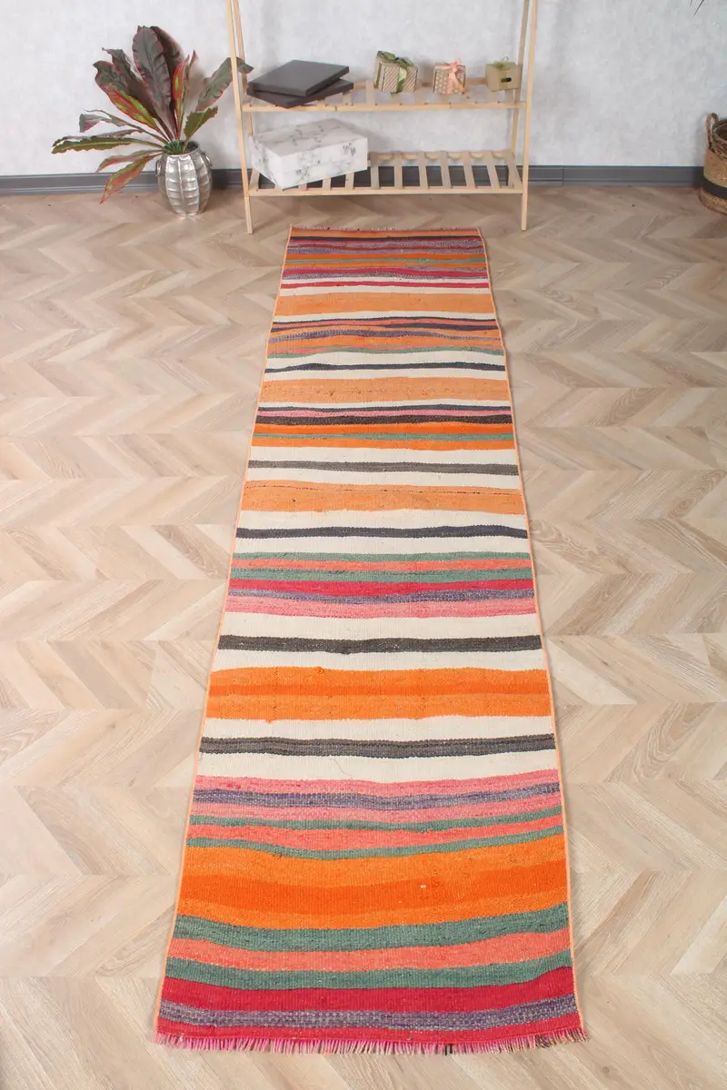 2.3x9.3 ft Halı, Türk Vintage Halısı, Turuncu Kırmızı Oryantal Yün Halı - 1