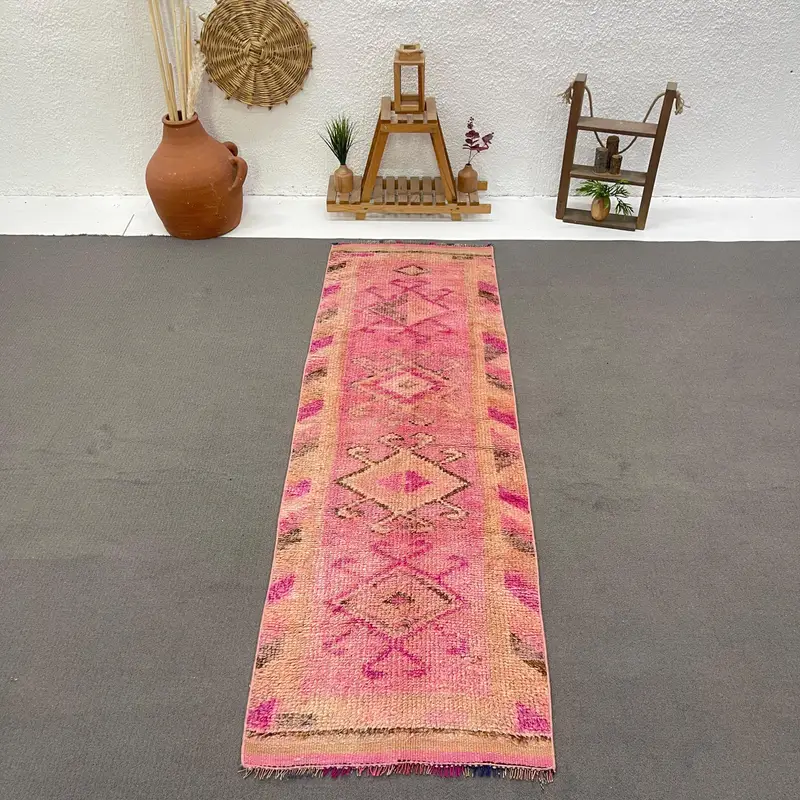 2.4x7.8 ft Halı, Runner Vintage Halı, Pembe Herki Çizgili Halı - 1