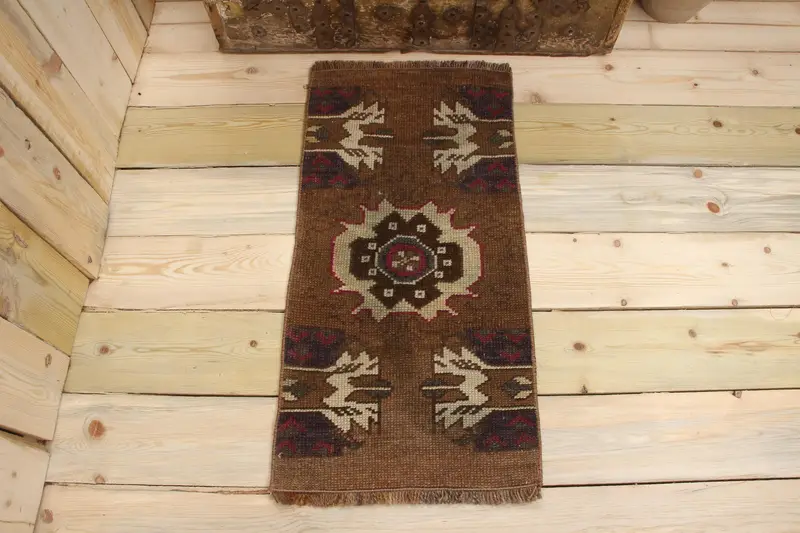 El Yapımı Kahverengi ve Mavi Halı, 1,1x2,7 ft Çiçekli ve Paisley