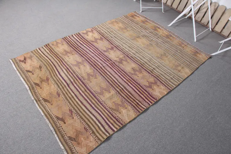 Vibrant Orange Rug, 4.1x6 ft with Green Accents