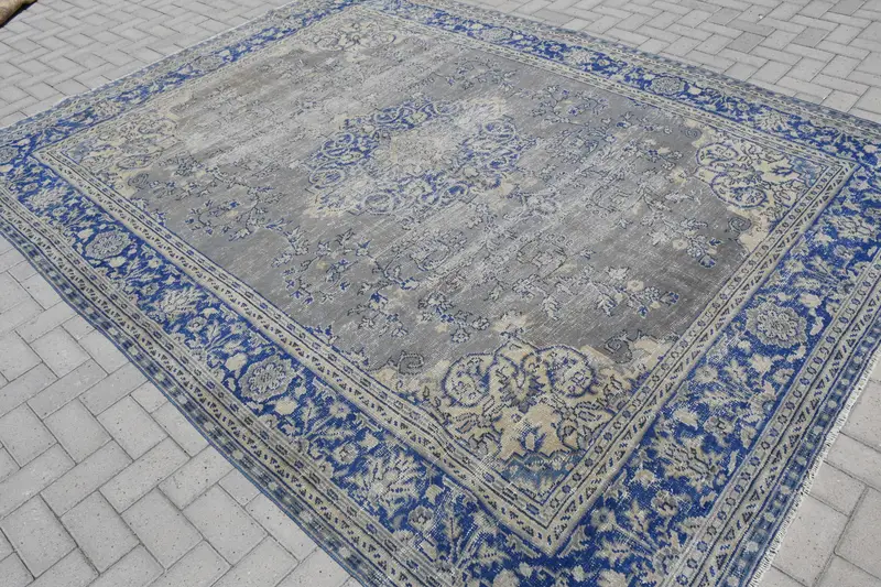 Vintage Türk Oushak Halısı 7.9x10.5 ft, Mavi Büyük Boy Çiçekli Yün Halı - 1