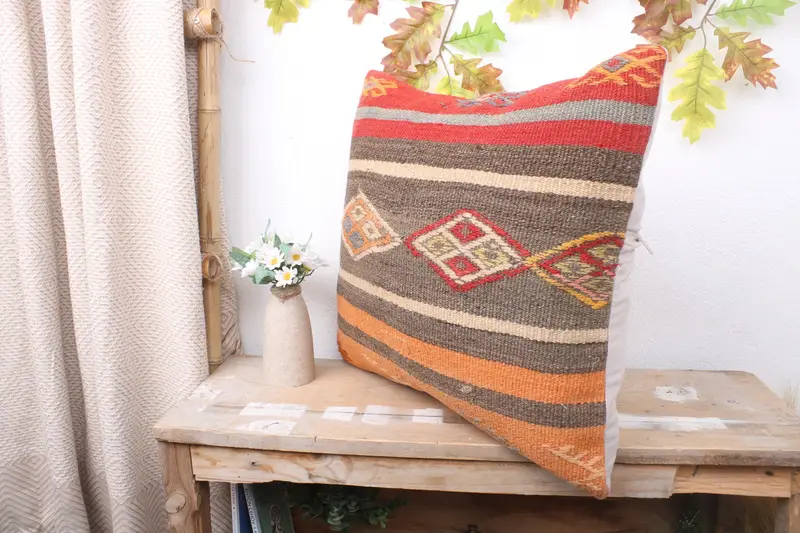 Pillow Sham, Vintage Kilim Throw Pillow, Authentic Cushion Case, Ethnical Kilim Rug Pillow, 20x20 Brown Pillow Case, Kilim Pillow Cover - 4