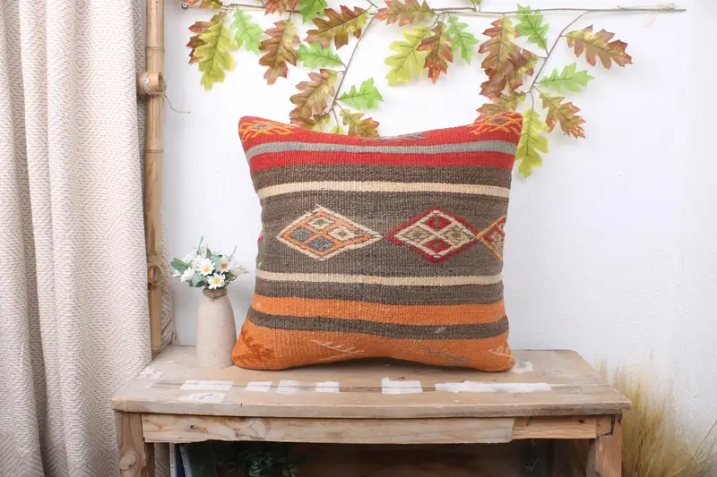 Pillow Sham, Vintage Kilim Throw Pillow, Authentic Cushion Case, Ethnical Kilim Rug Pillow, 20x20 Brown Pillow Case, Kilim Pillow Cover - 1