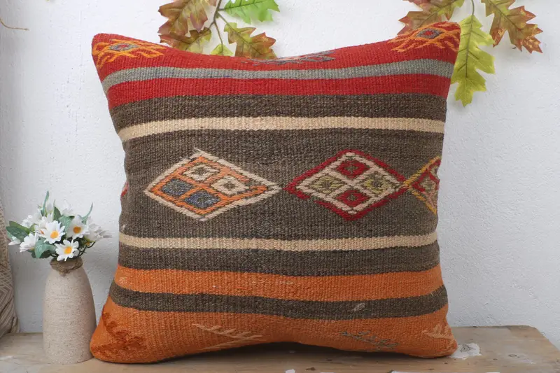 Pillow Sham, Vintage Kilim Throw Pillow, Authentic Cushion Case, Ethnical Kilim Rug Pillow, 20x20 Brown Pillow Case, Kilim Pillow Cover - 2