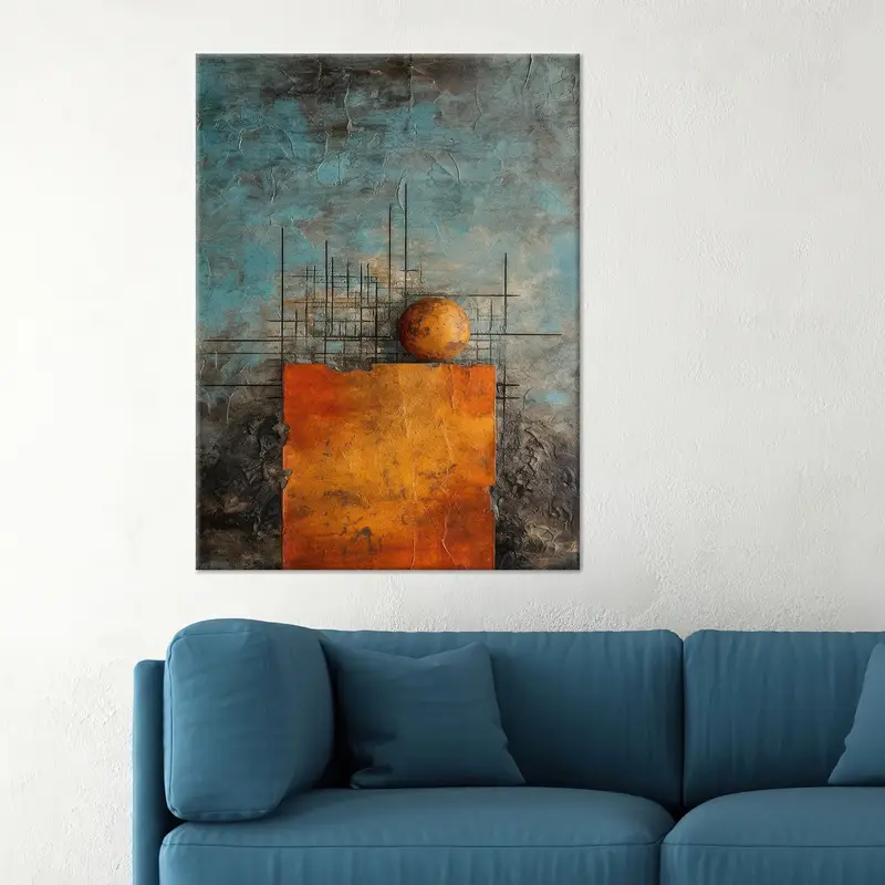 ミニマルオレンジゴールドキャンバス：幾何学模様プリントアート