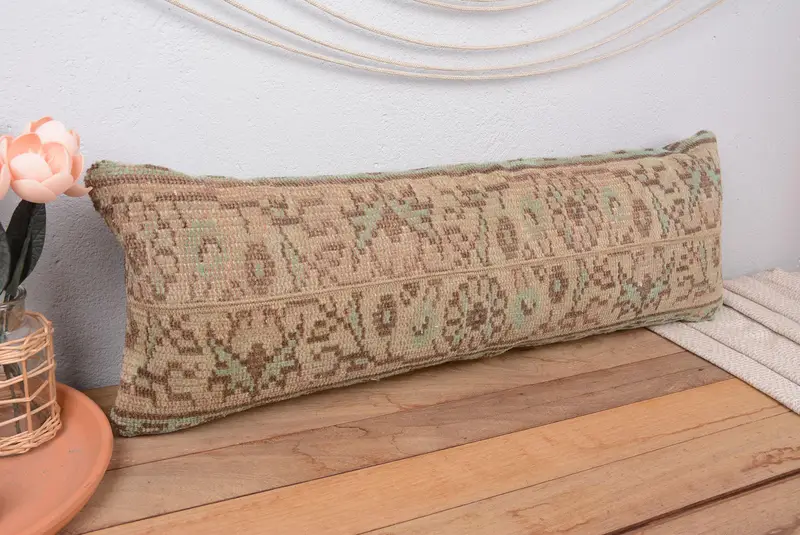 Beige-grünes Patchwork-Wurfkissen, 12x36 besticktes rechteckiges Kissen