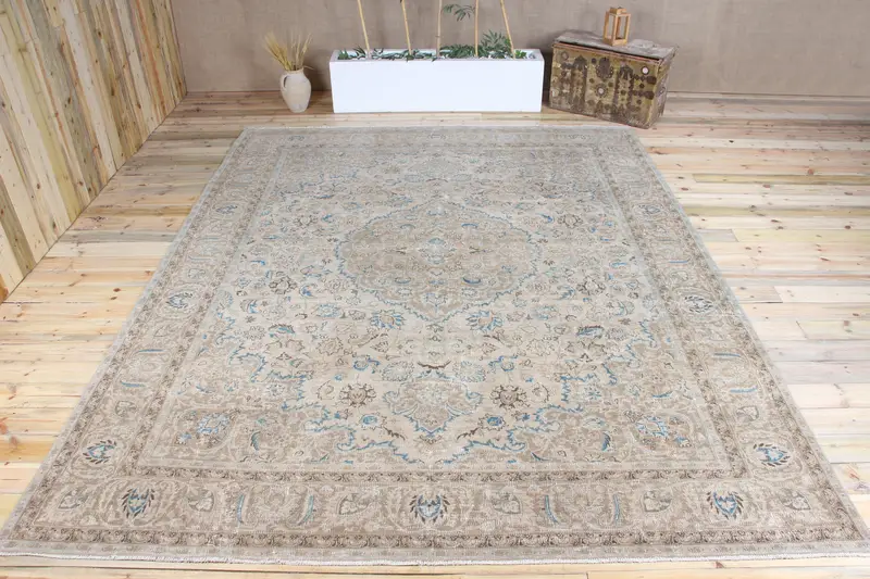 Turkish Vintage Rug, 9.5x11.7 ft Oushak Rug, Brown Oversize Floral Rug - 1