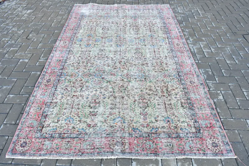 5.2x8.2 ft Halı, Türk Vintage Halısı, Mavi Kırmızı Çiçekli Yün Halı - 1