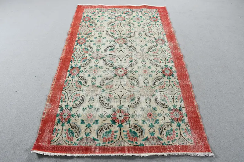 Oushak Türk Halısı, 3.9x6.4 ft Vintage Halı, Kırmızı Patchwork Yün Halı - 1