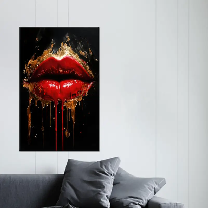 Elegante abstrakte Leinwand mit roten Lippen: Luxus-Gold-Kunstdruck