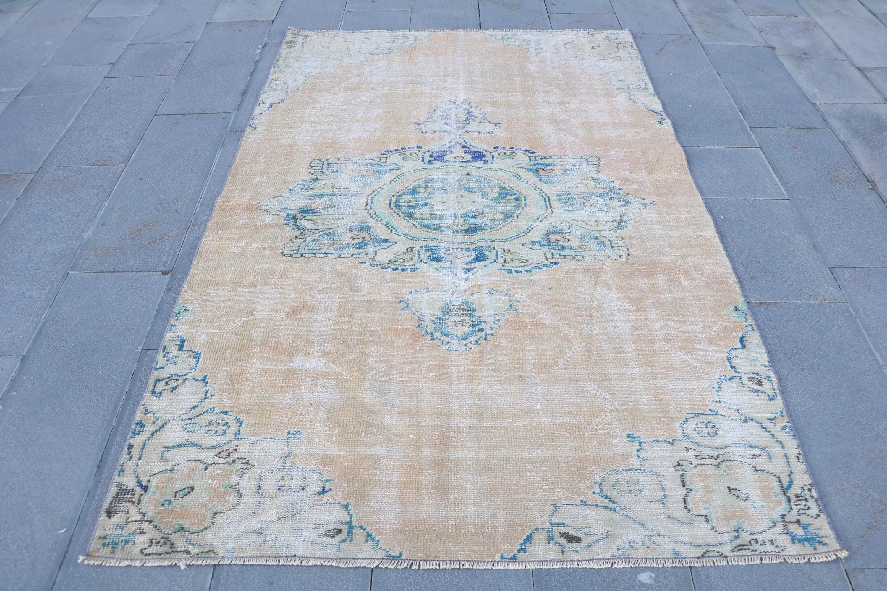 Turkish Vintage Rug, Area 4.9x7.6 ft (148x232 cm) Rug, Blue Wool Rug - 1