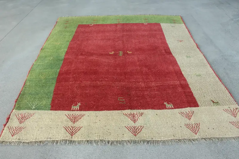 Alfombra Oushak turca vintage de 204 x 240 cm, alfombra de lana roja - 1