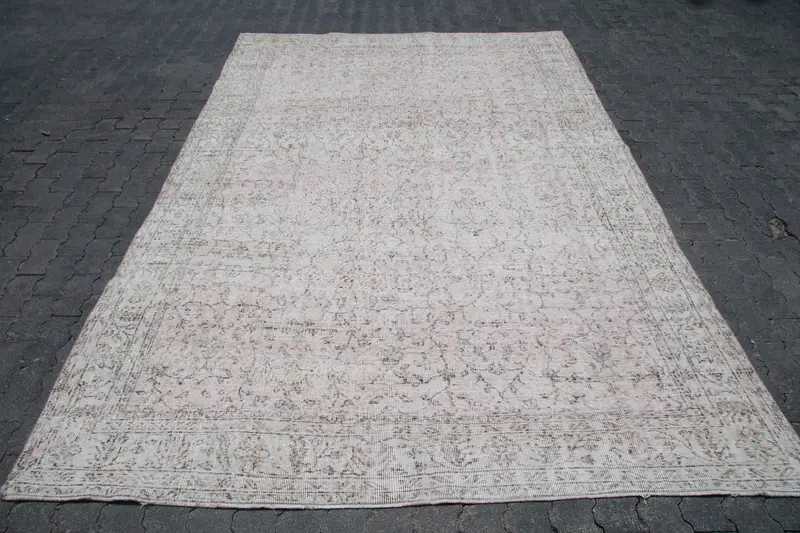 6.9x10.4 ft Vintage Rug, Oushak Rug, White Patchwork Rug Wool - 1