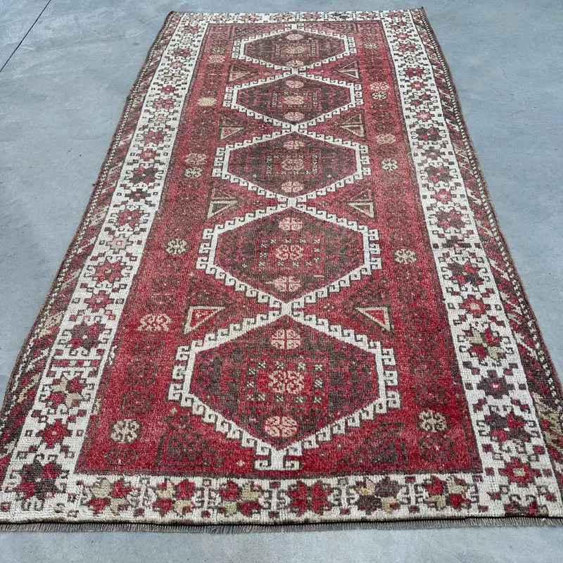 Vintage Turkish Rug 4.3x7.9 ft, Red Oushak Camouflage Rug - 1