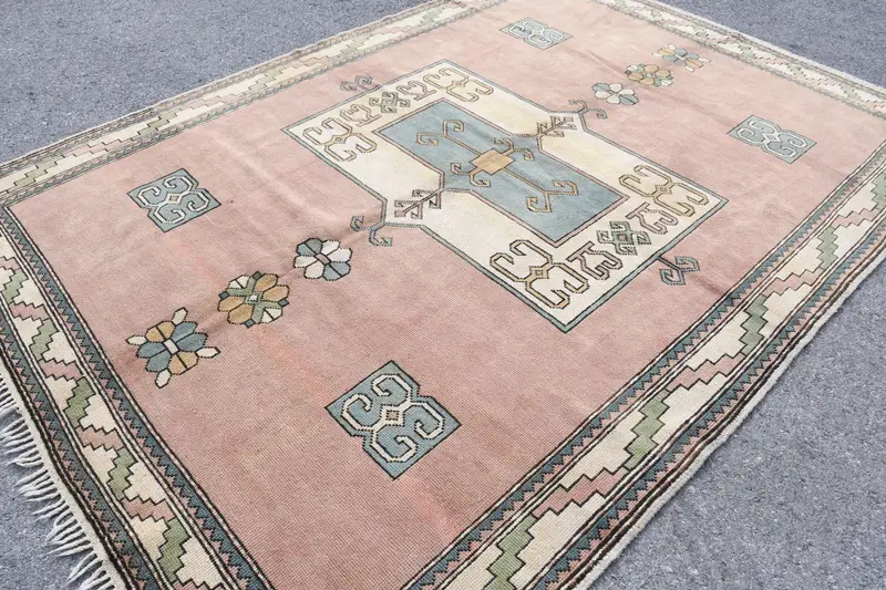Alfombra vintage de 6,9x9,6 pies, alfombra turca grande, alfombra Ikat azul marrón - 1
