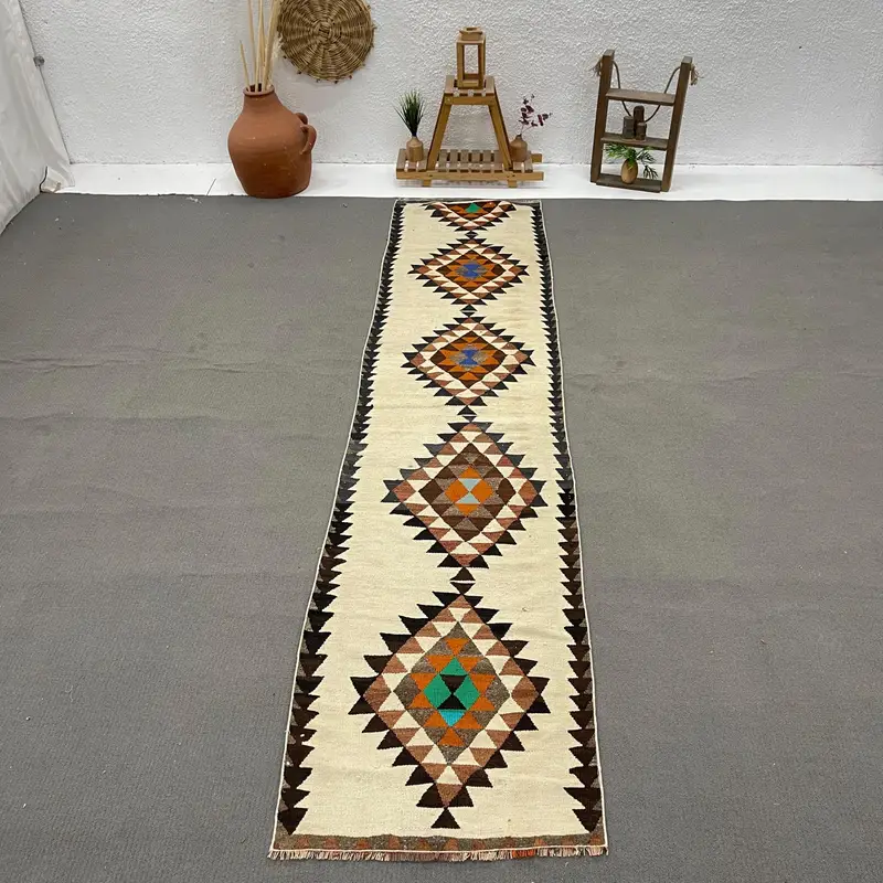 2,5x10,8 ft Teppich, türkischer Vintage-Läuferteppich, brauner Kelim-Wollteppich - 1