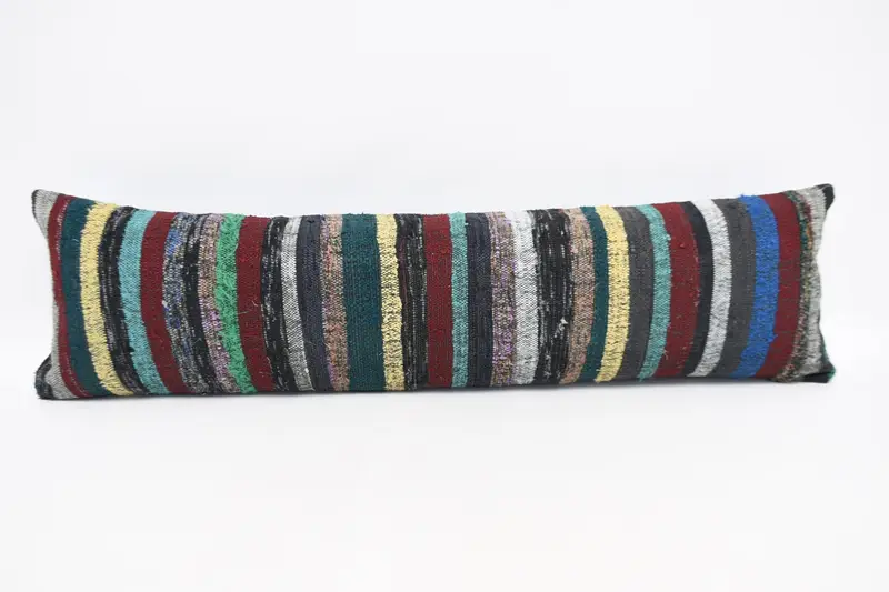 Blau-grün gestreiftes Wurfkissen, handgefertigtes Hanf- und Wollkissen