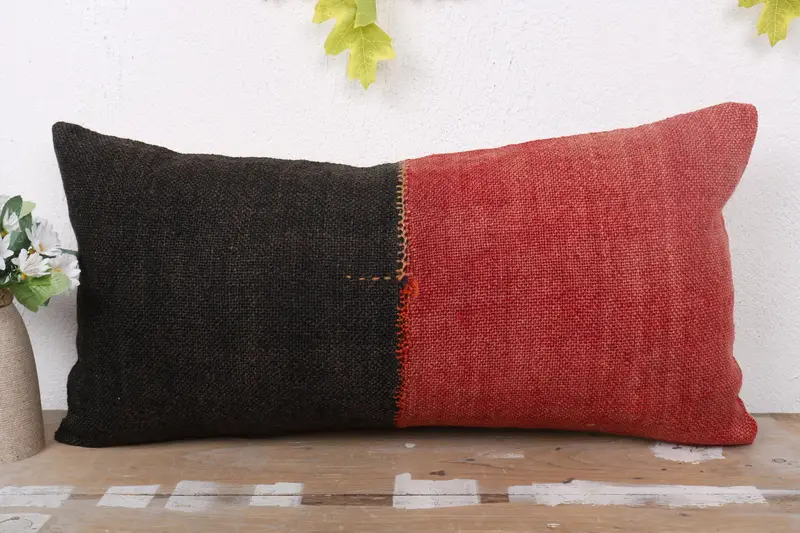 Kilim Cushion Sham, Ethnical Kilim Rug Pillow, 12x24 Red Pillow Case, Handwoven Pillow Sham, Pillow Cover, Kilim Pillow - 2