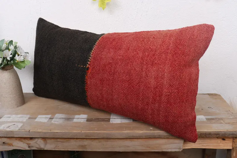 Kilim Cushion Sham, Ethnical Kilim Rug Pillow, 12x24 Red Pillow Case, Handwoven Pillow Sham, Pillow Cover, Kilim Pillow - 4