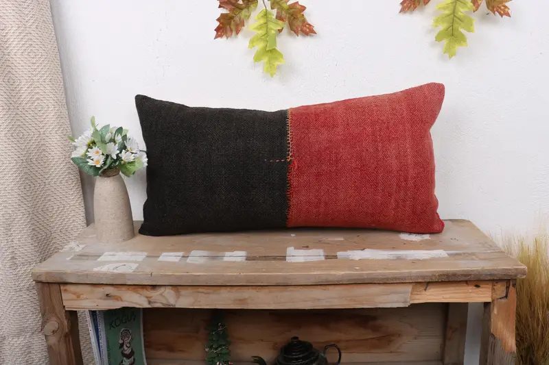 Kilim Cushion Sham, Ethnical Kilim Rug Pillow, 12x24 Red Pillow Case, Handwoven Pillow Sham, Pillow Cover, Kilim Pillow - 1