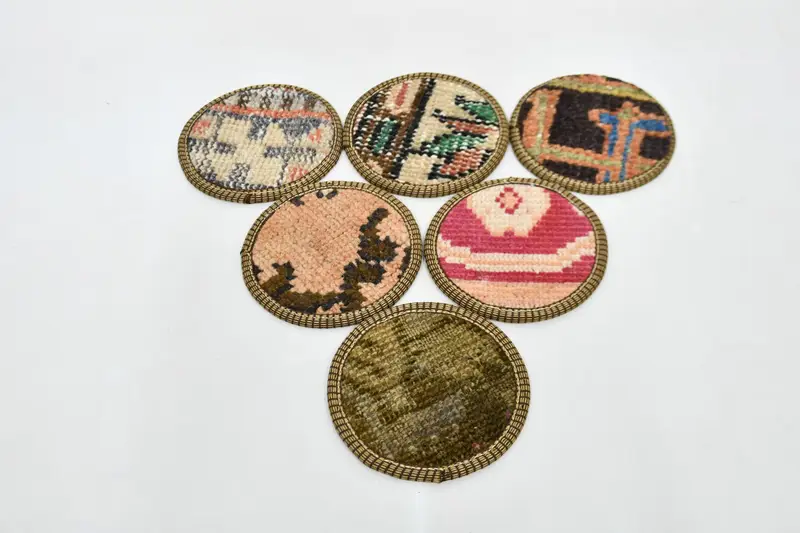 Bohemian Beige & Bronze Round Coasters, Stylish Bohemian Rug Coasters