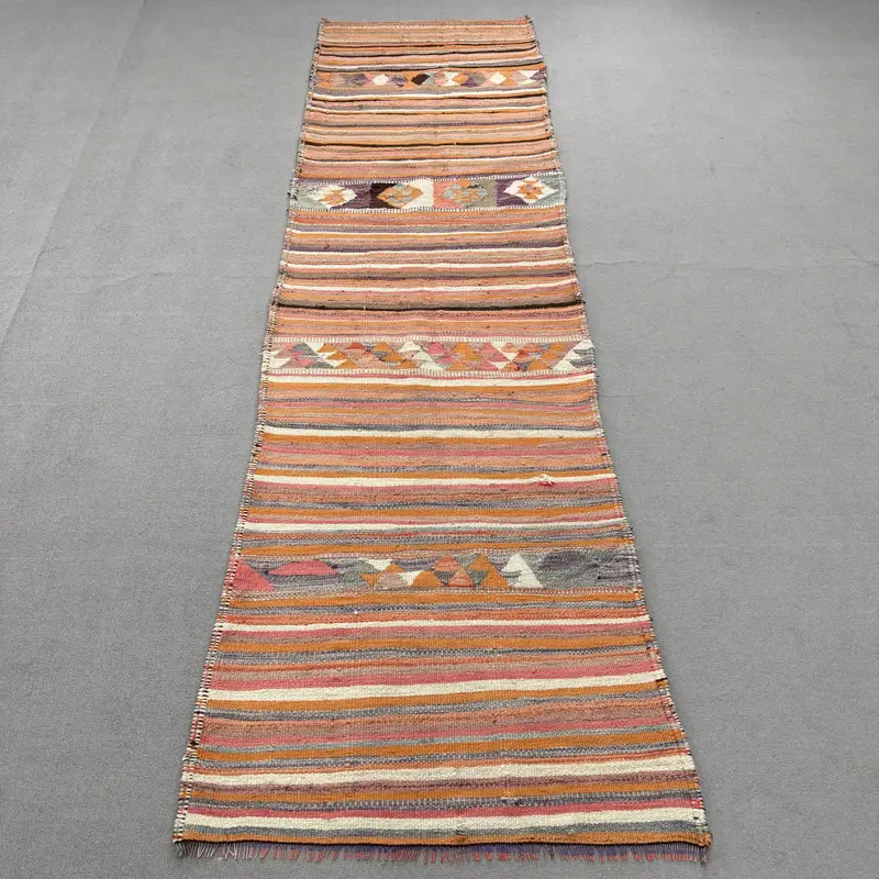 Turkish Vintage Kilim Rug 3.3x10.7 ft (100x326 cm), Orange Check Wool Rug - 1