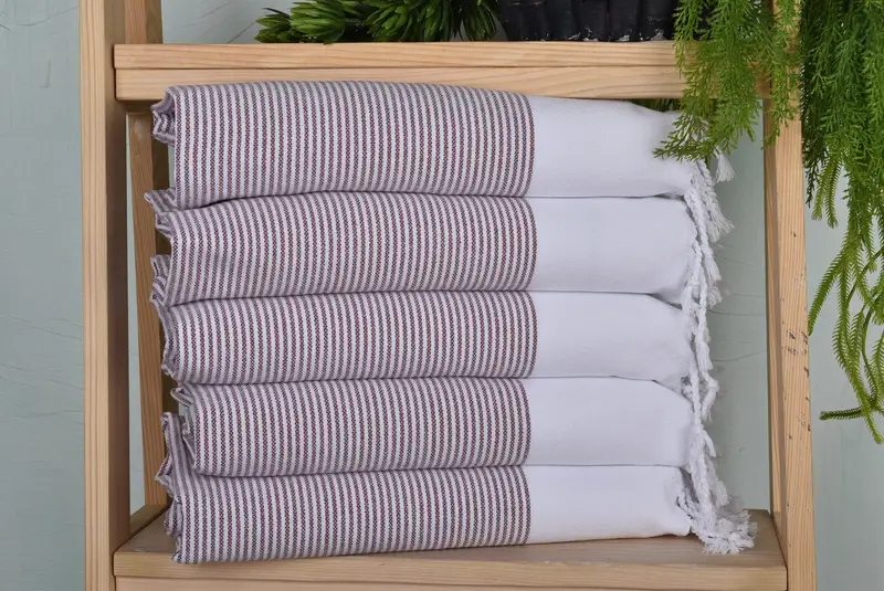 Striped Tea Towel Burgundy Cotton Hand Towel, 18x40 Inches