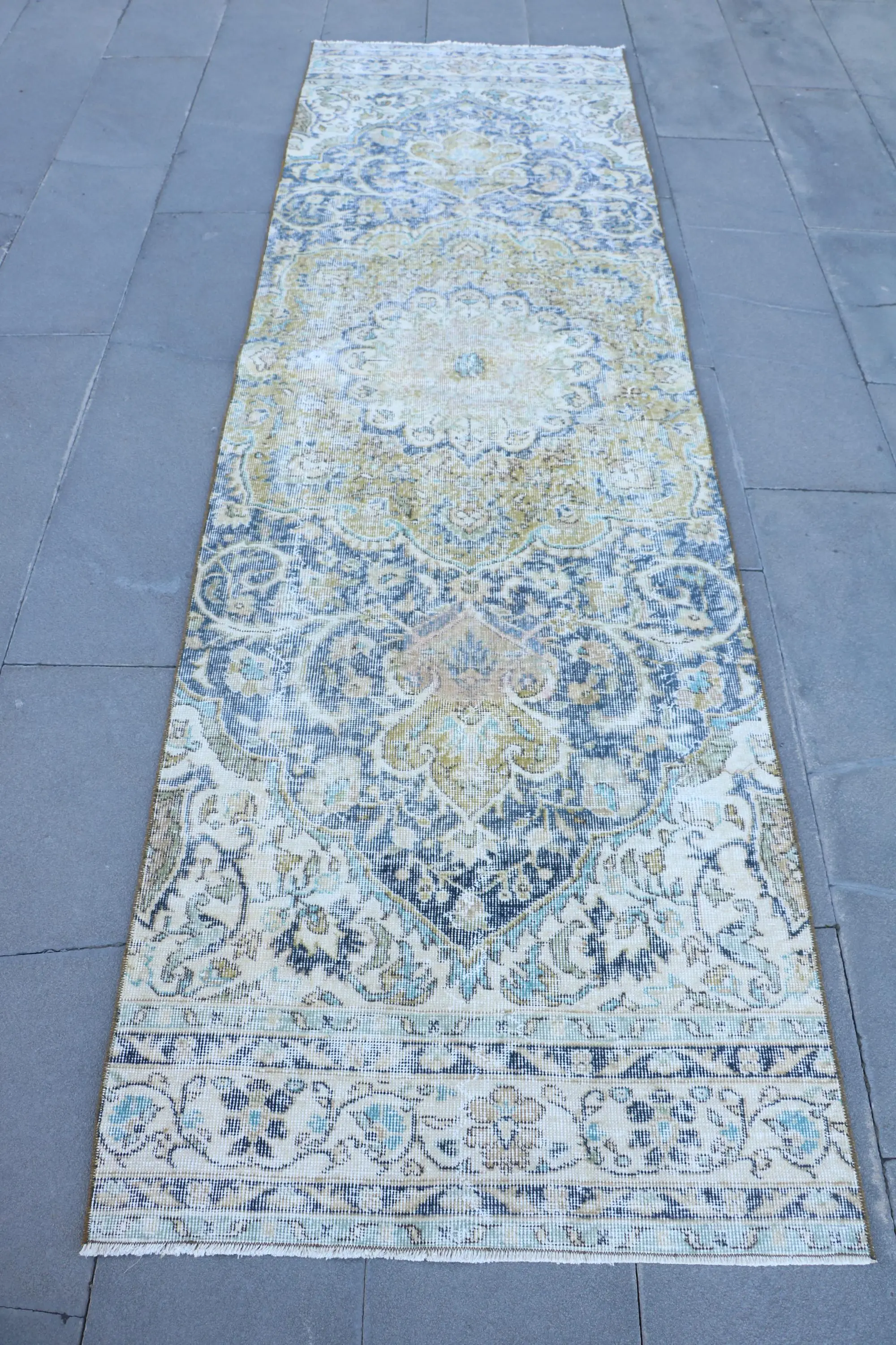 Vintage 2.9x10 ft Rug, Runner Turkish Rug, Blue White Ombré Rug - 1