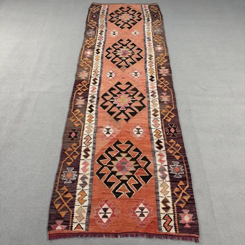Vintage Rug, Runner 3.4x10 ft Rug, Kilim Red Animal Print Rug - 1