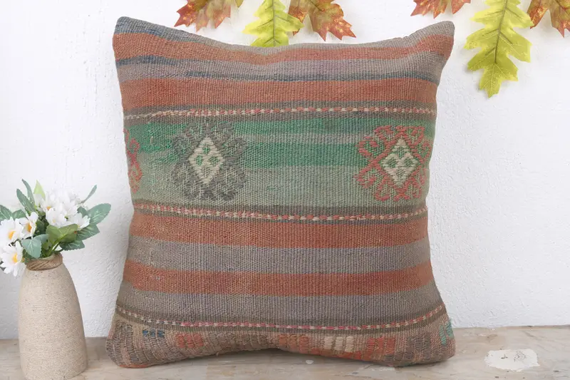 Natural Pillow Cover, Handmade Kilim Cushion, 16x16 Red Pillow Sham, Throw Kilim Pillow, Kilim Cushion Sham, Cushion Cover - 2