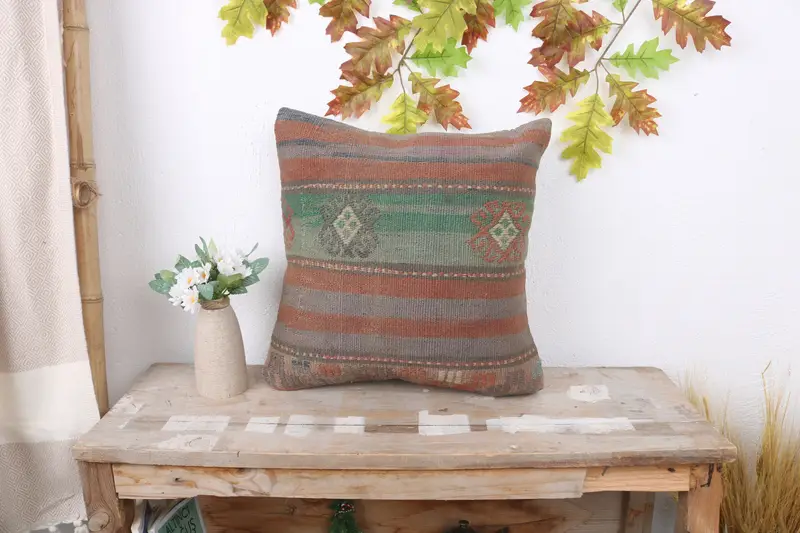Natural Pillow Cover, Handmade Kilim Cushion, 16x16 Red Pillow Sham, Throw Kilim Pillow, Kilim Cushion Sham, Cushion Cover - 1