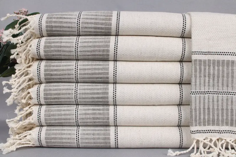 Camping Tea Towel Khaki Green Striped Linen Towel, 20x40 Inches