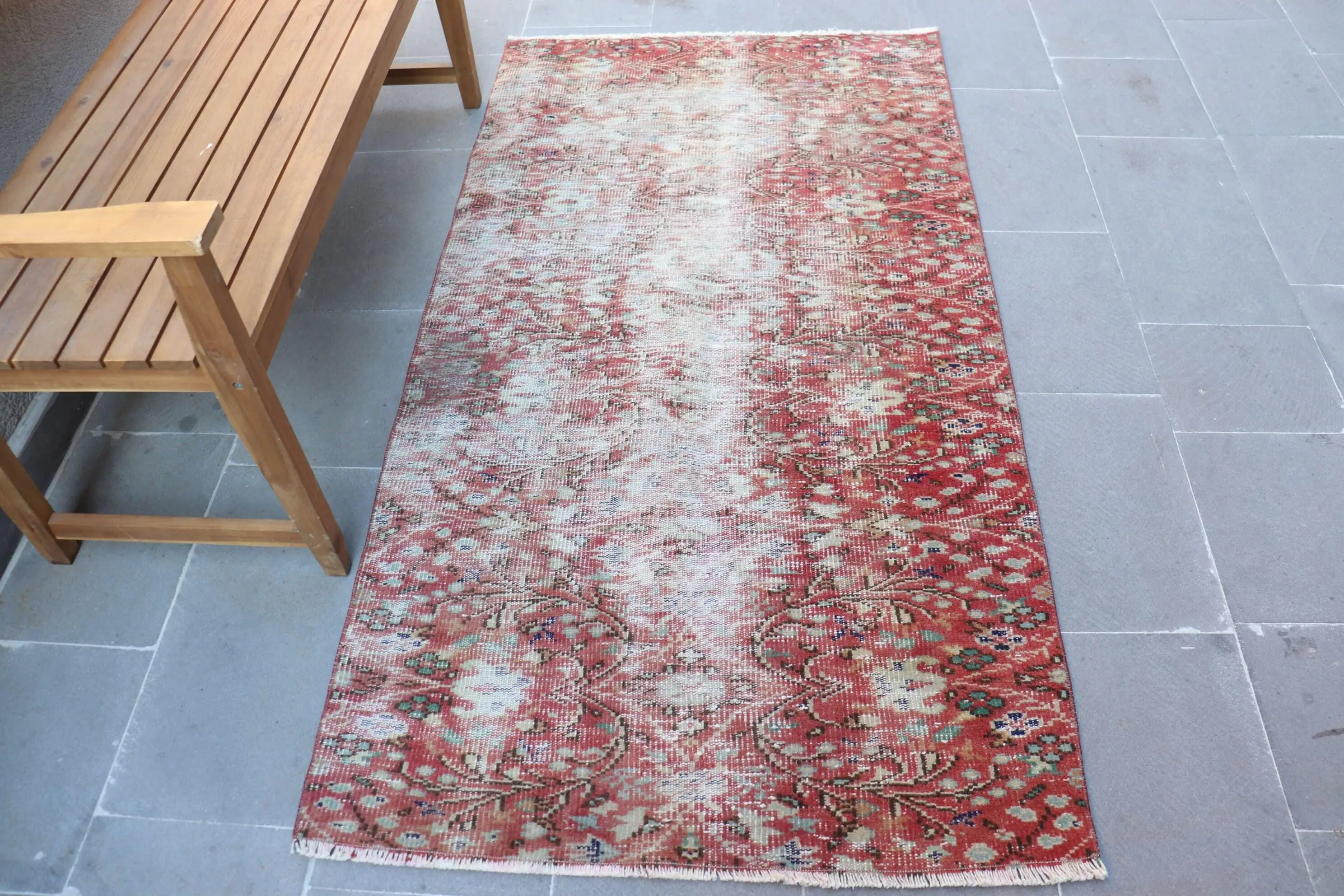 Alfombra turca, alfombra vintage de acento de 3,3x6,2 pies, alfombra de lana floral roja - 1