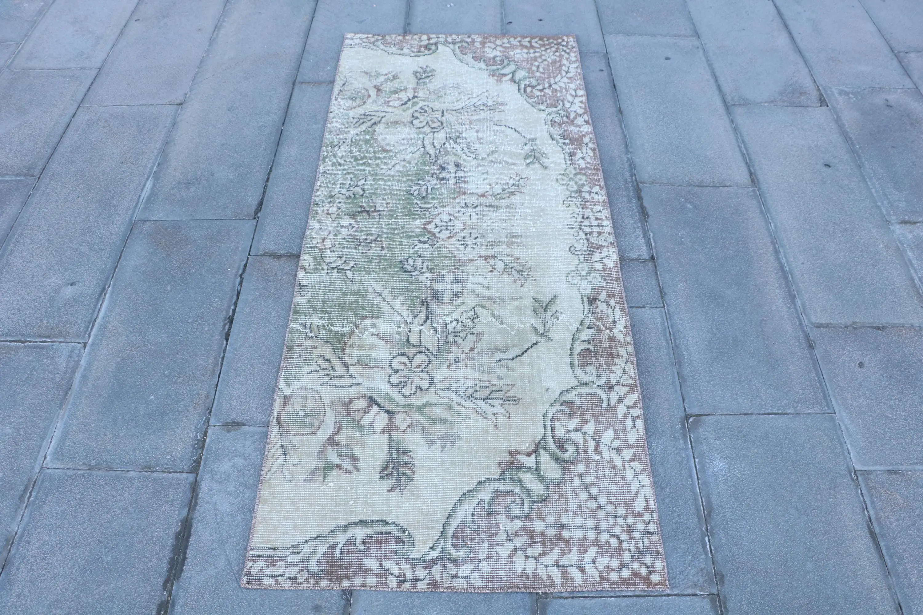 Vintage Rug 2.3x5.4 ft (70x166 cm), Brown Striped Turkish Rug - 1