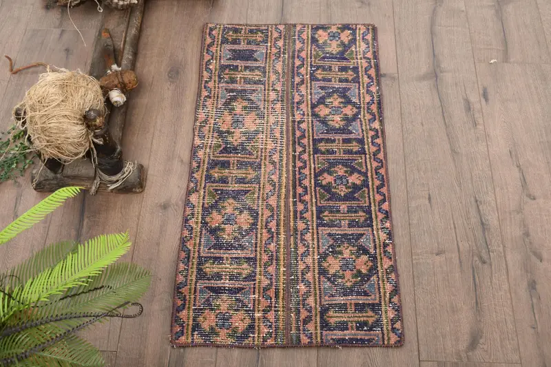 Turkish Small Rug, 1.4x2.8 ft Vintage Rug, Blue Oushak Wool Rug - 1