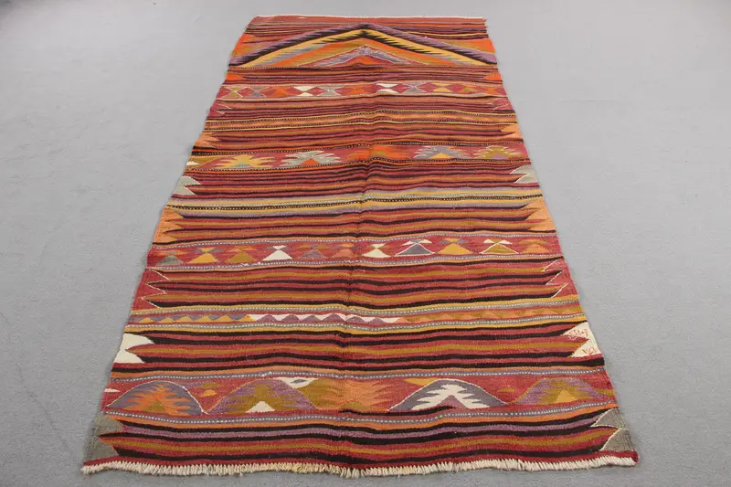Kırmızı & Turuncu Çizgili Halı, 4,5x9,2 ft Geometrik Tasarım