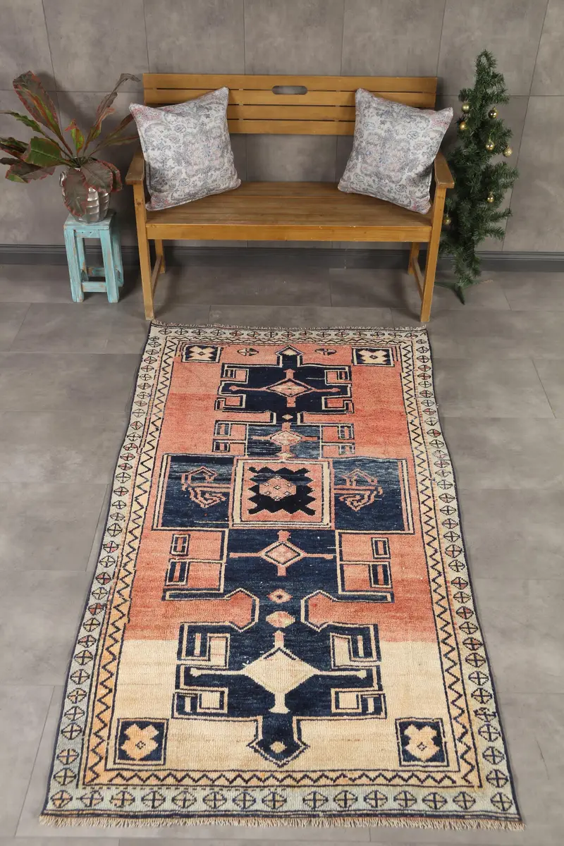 Turkish Rug, Area 3.7x7.2 ft Vintage Rug, Blue Red Paisley Wool Rug - 1