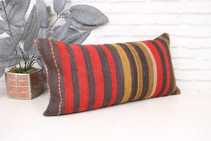 Pillow for Sofa, Ethnical Kilim Rug Pillow, Boho Pillow Sham Cover, Seat Pillow, Pillow Cover, 12x24 Red Cushion Case, Southwestern Pillow Case - 3
