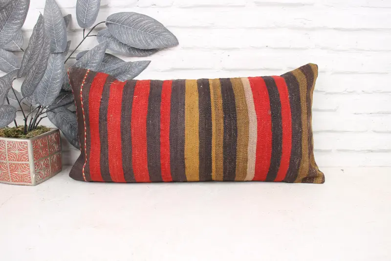 Pillow for Sofa, Ethnical Kilim Rug Pillow, Boho Pillow Sham Cover, Seat Pillow, Pillow Cover, 12x24 Red Cushion Case, Southwestern Pillow Case - 1