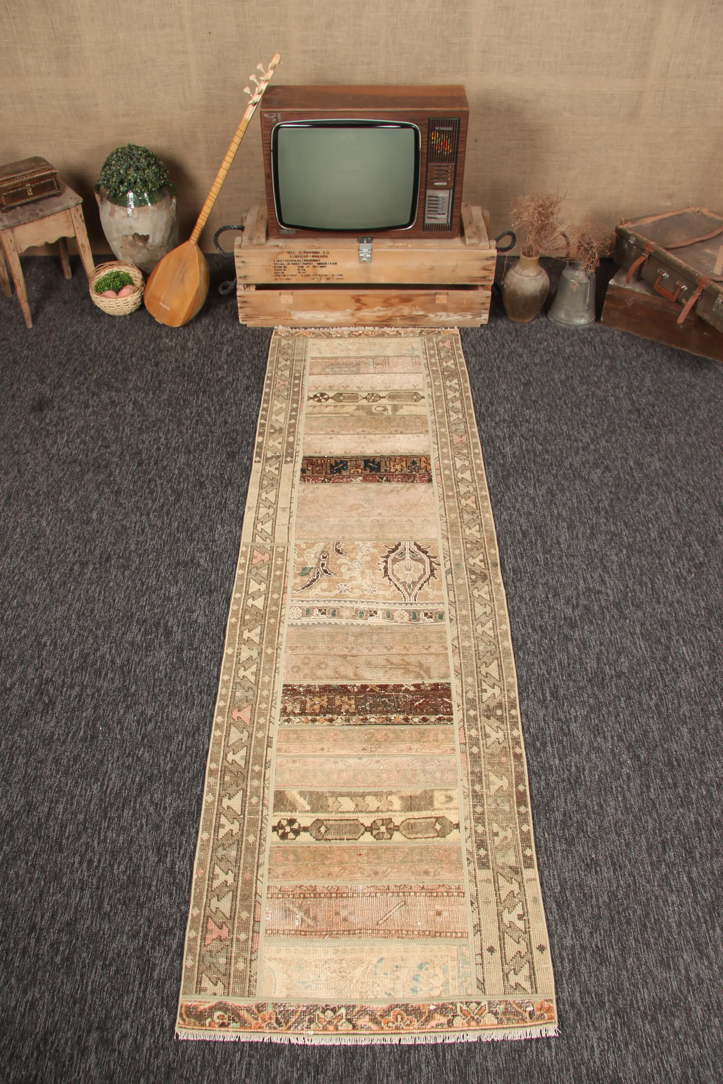 2.6x8.3 ft Rug, Turkish Patchwork Rug, Vintage Beige Floral Rug - 1