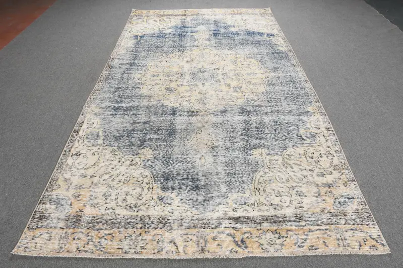 5.3x9.8 ft Oushak Turkish Rug, Blue Southwestern Vintage Rug Wool - 1