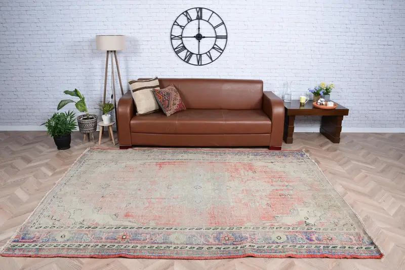 6.4x8.5 ft Rug, Turkish Vintage Rug, Red Bordered Wool Rug - 1