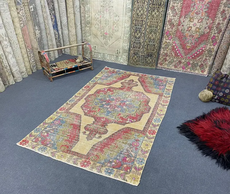 4.3x7.4 ft Area Turkish Rug, Vintage Rug, Red Blue Ikat Wool Rug - 1