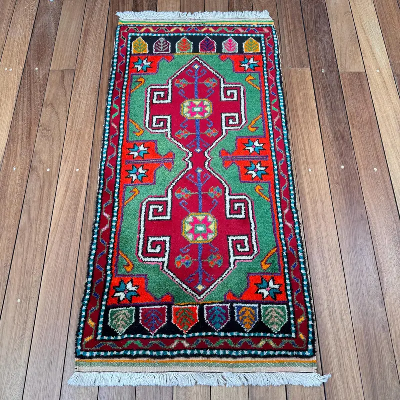 Turkish Vintage Rug 1.9x3.9 ft (59x120 cm), Oushak Red Striped Rug - 1