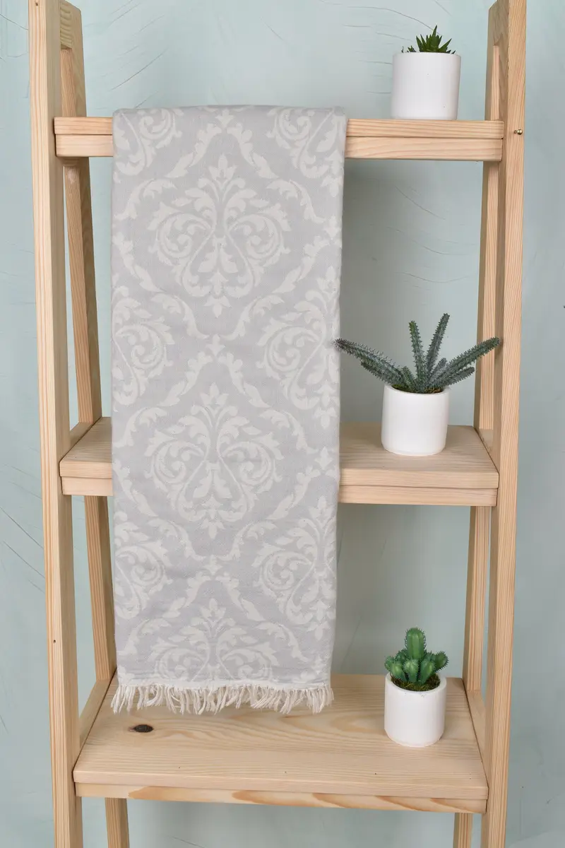 Turkish Towel Light Gray Baroque, Organic Cotton/Linen, 36x67 Inches