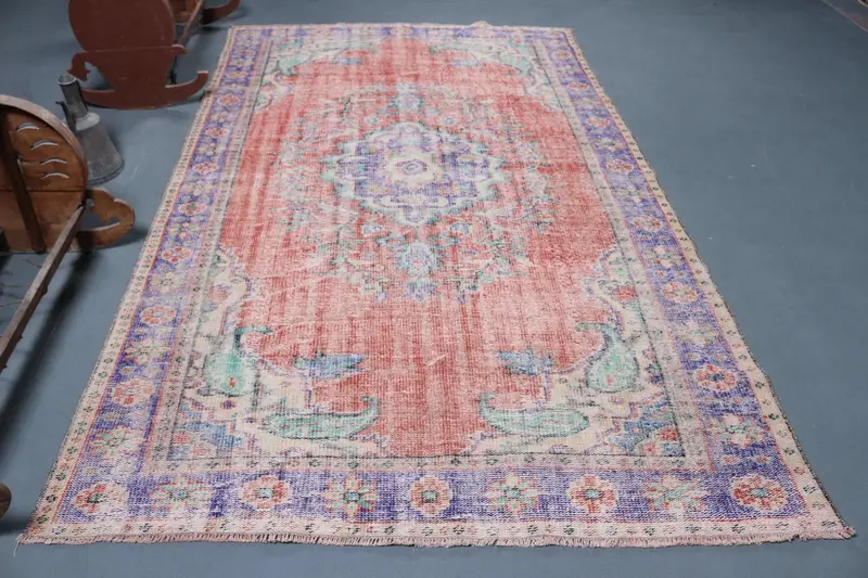 5.6x9.4 ft Büyük Türk Halısı, Vintage Halı, Kırmızı Mavi Çiçekli Yün Halı - 1
