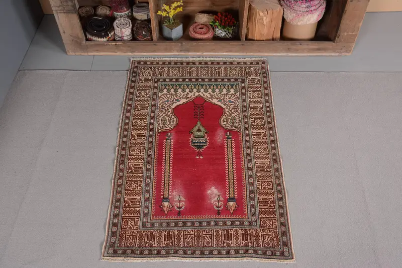 Turkish Vintage Rug, 2.8x4.3 ft Oushak Rug, Brown Red Geometric Rug - 1