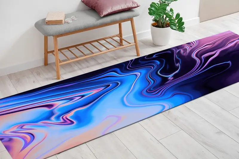 Eleganter bedruckter Teppich: Blaue Illusion, rosa Farbtöne, farbenfrohes Design