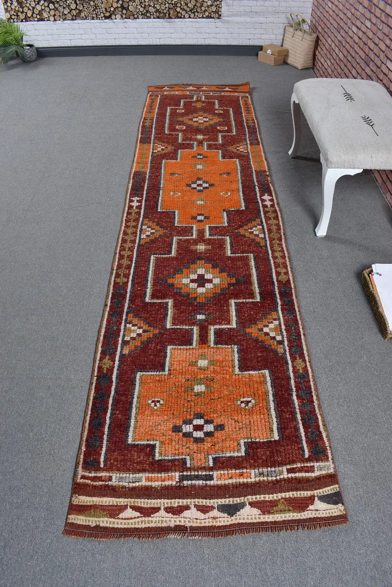2,7x11,1 ft Teppich, türkischer Vintage-Teppich, rot-orangefarbener massiver Wollteppich - 1