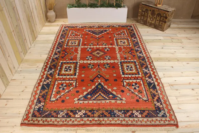 El Yapımı Turuncu ve Mavi Halı, 5,4x9,8 ft Çiçekli ve Paisley